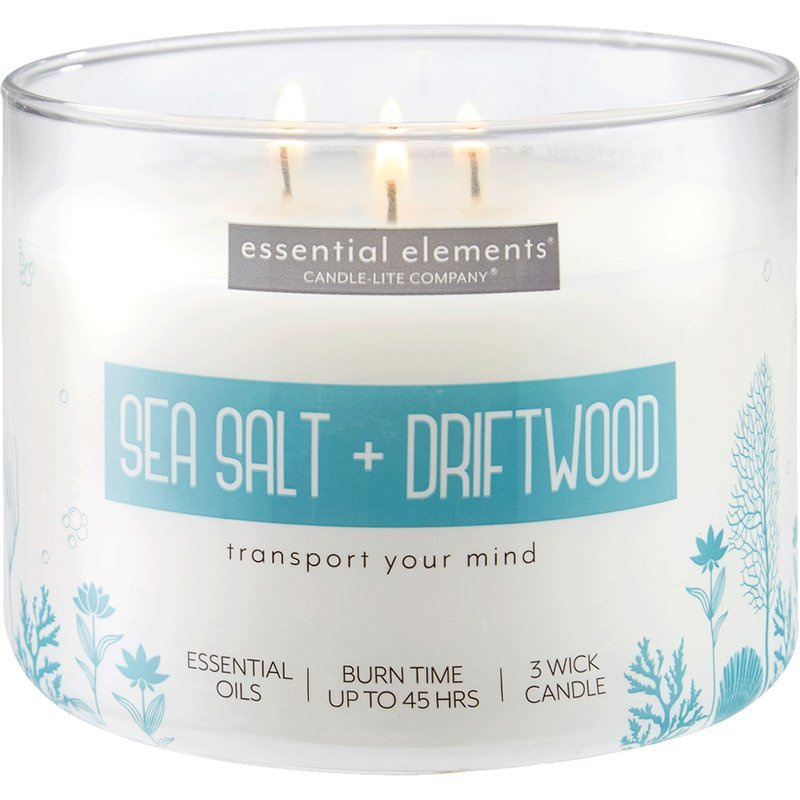 Bougie parfumée soja aux huiles essentielles Candle-lite Essential Elements 418 g - Sea Salt Driftwood