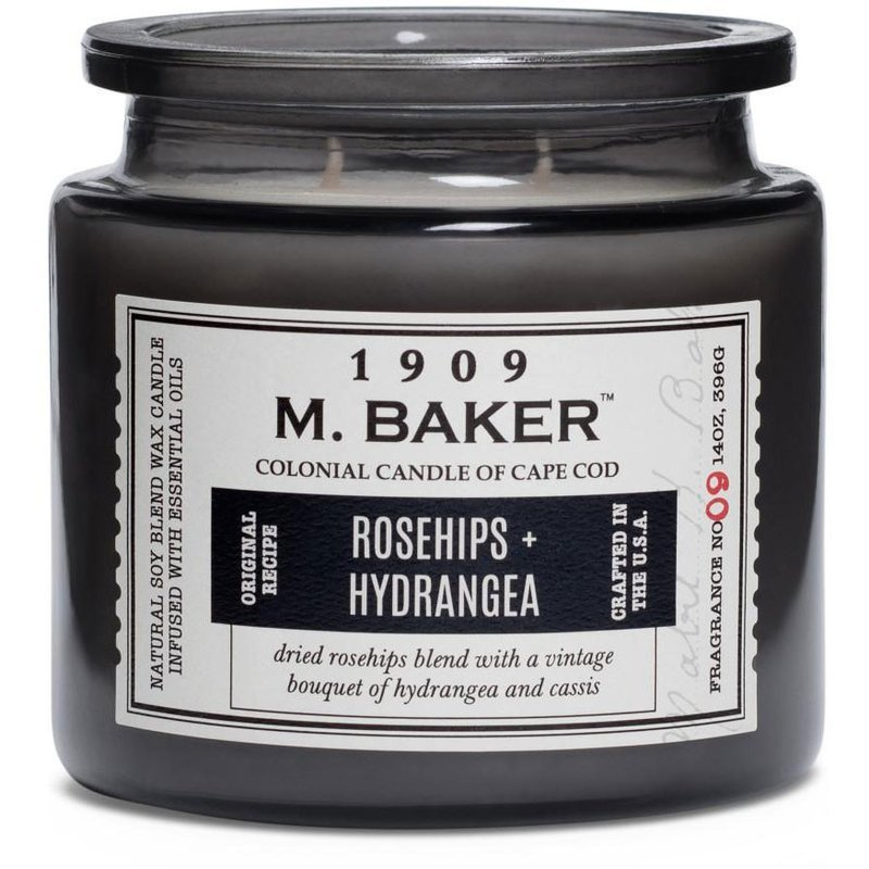 Colonial Candle M Baker grande bougie parfumée au soja pot d'apothicaire 14 oz 396 g - Rosehips Hydrangea